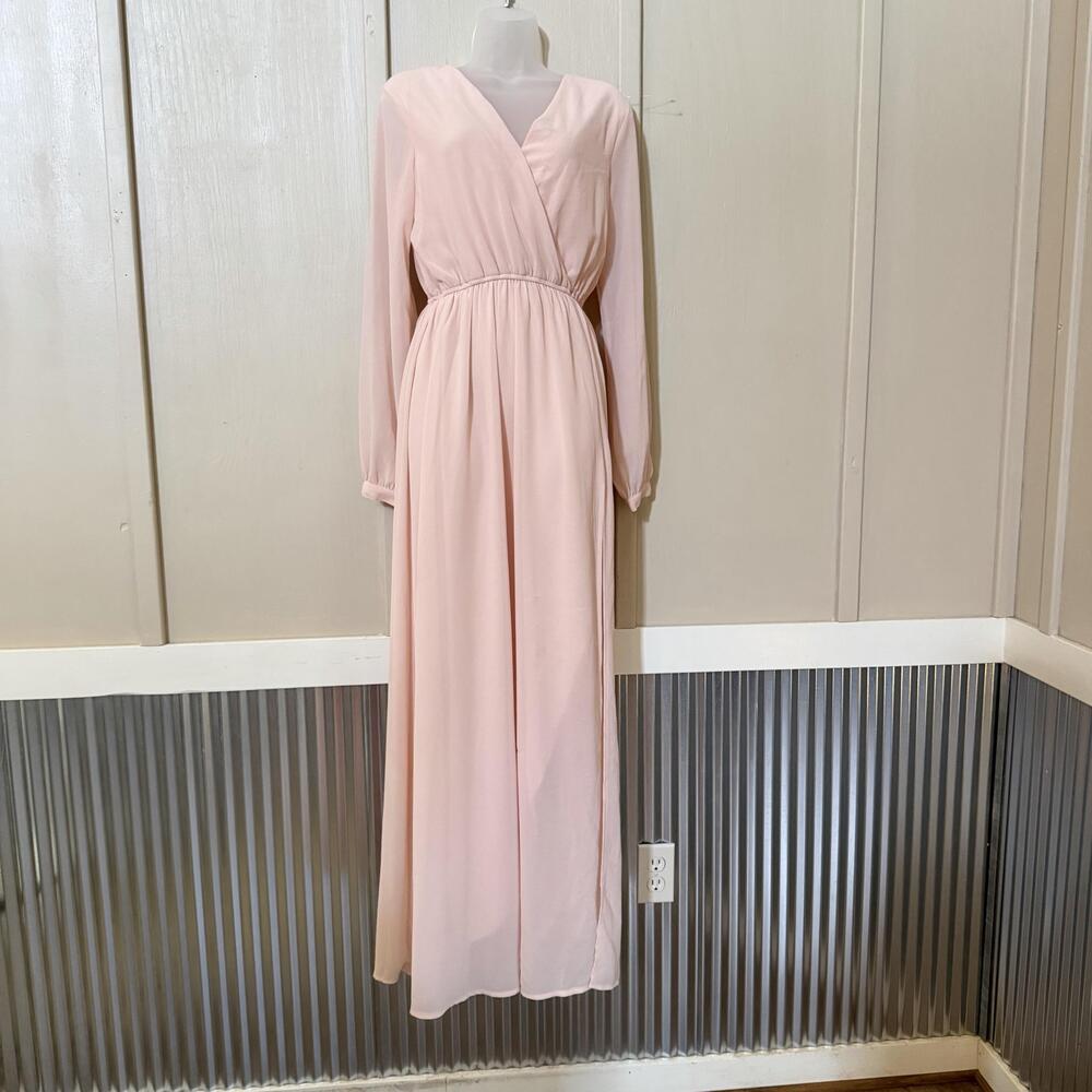 NWT Lulus Dress Small Pink Hoco Maid Formal Chiffon Wrap Maxi Long Sleeve Lined